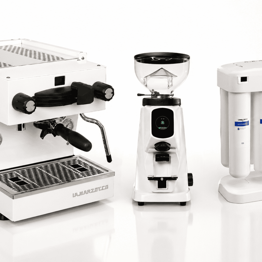 מכונת קפה LA MARZOCCO LINEA MINI לבנה + מטחנת קפה Fiorenzato AllGround Sense לבנה +מערכת אוסמוזה הפוכה Aquaphor Morion RO 101S